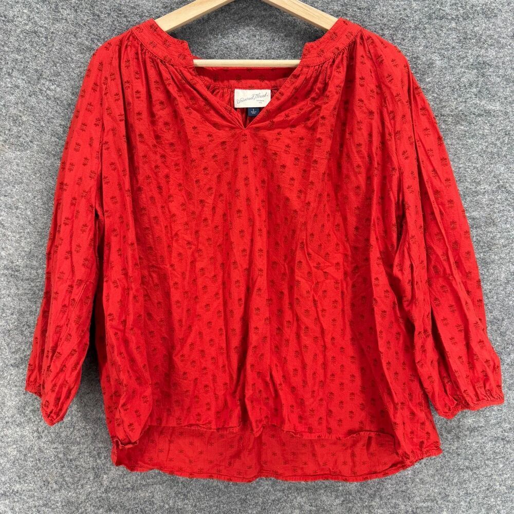 Universal Thread Blouse Women L Large Red Polka Dot V-Neck Long Sleeve Cotton
